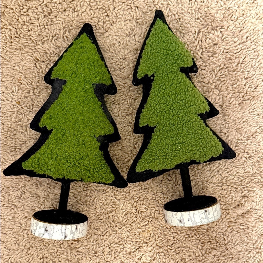 Holiday Time Green and Black plush fabric Christmas Trees Decor set of 2